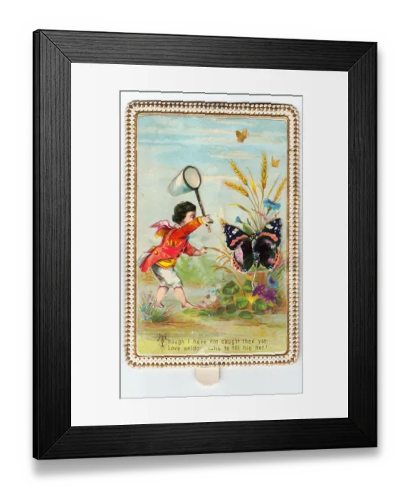 Framed Print : Cupid with butterfly net on a greetings card Framed Print : Cupid with butterfly net on a greetings card