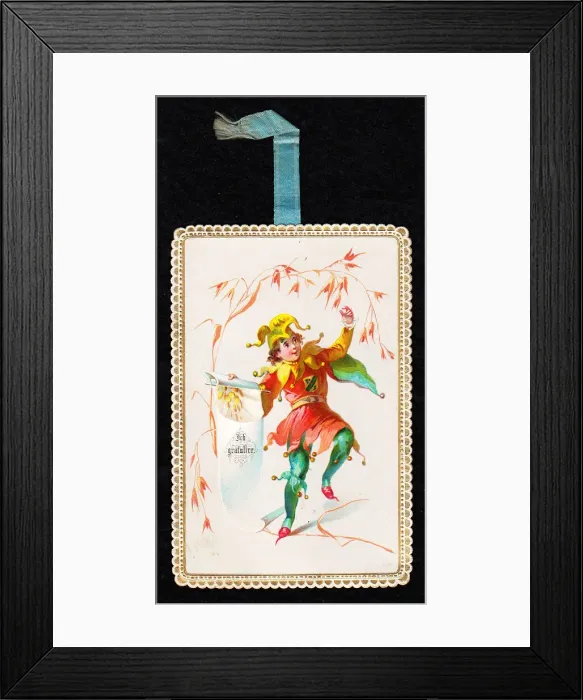Framed Print : Jester dancing on a German greetings card Framed Print : Jester dancing on a German greetings card
