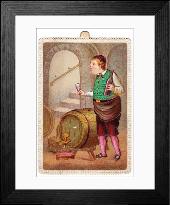 Framed Print : Man in cellar on a comic German greetings card Framed Print : Man in cellar on a comic German greetings card