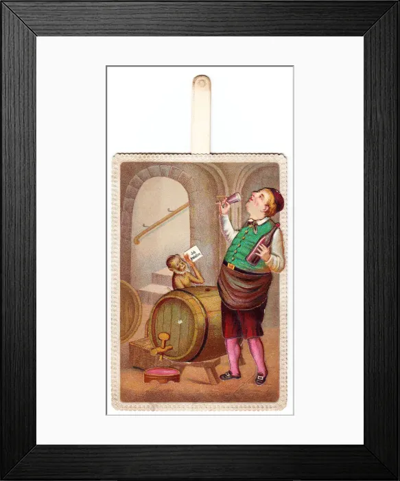 Framed Print : Man in cellar on a comic German greetings card Framed Print : Man in cellar on a comic German greetings card