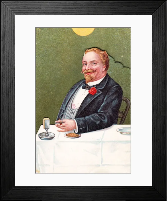 Framed Print : Man at a table on a comic greetings card Framed Print : Man at a table on a comic greetings card