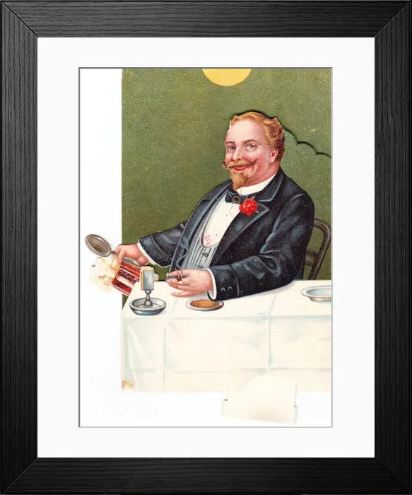 Framed Print : Man at a table on a comic greetings card Framed Print : Man at a table on a comic greetings card