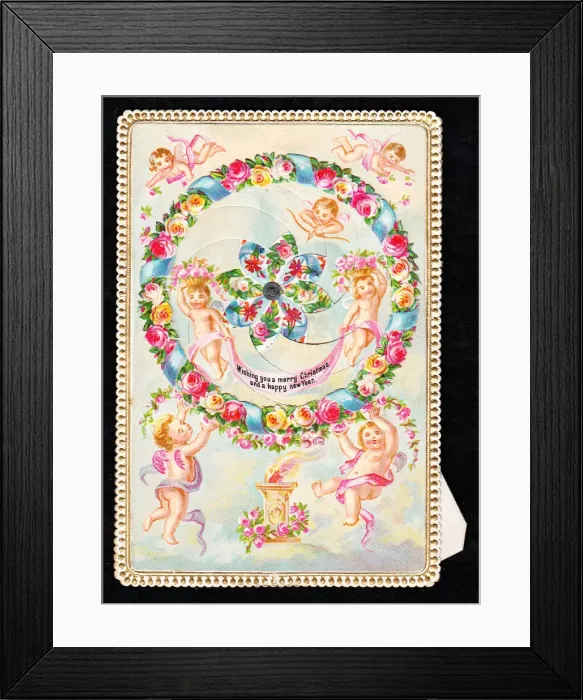 Framed Print : Cherubs with flowers on a Christmas and New Year card Framed Print : Cherubs with flowers on a Christmas and New Year card