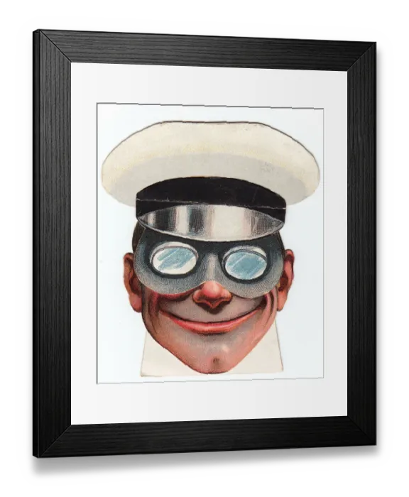 Framed Print : Smiling man in cap and goggles on a movable greetings card Framed Print : Smiling man in cap and goggles on a movable greetings card