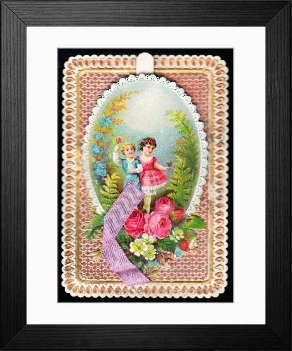 Framed Print : Children in a garden on a greetings card Framed Print : Children in a garden on a greetings card