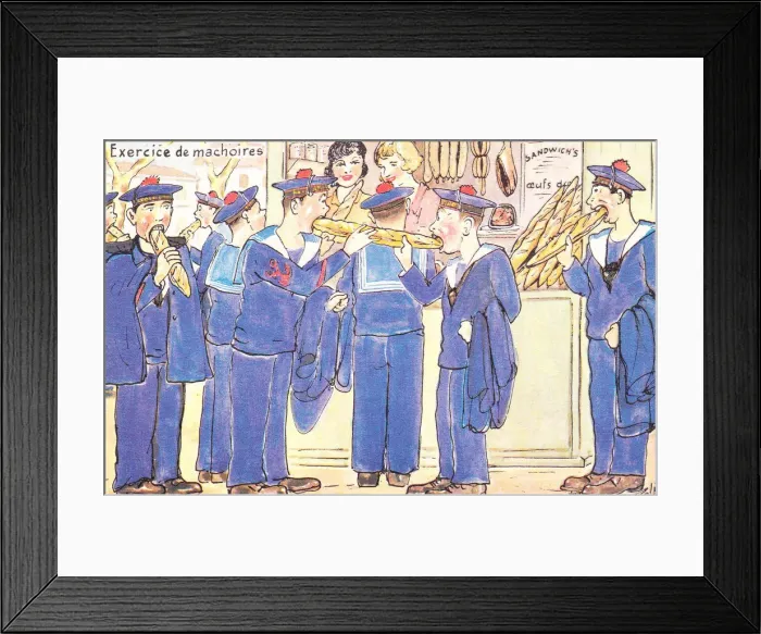 Framed Print : Sailors exercising their jaws on a comic French postcard Framed Print : Sailors exercising their jaws on a comic French postcard