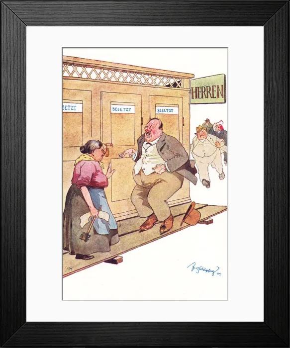 Framed Print : Comic German postcard -- health spa toilets all engaged Framed Print : Comic German postcard -- health spa toilets all engaged