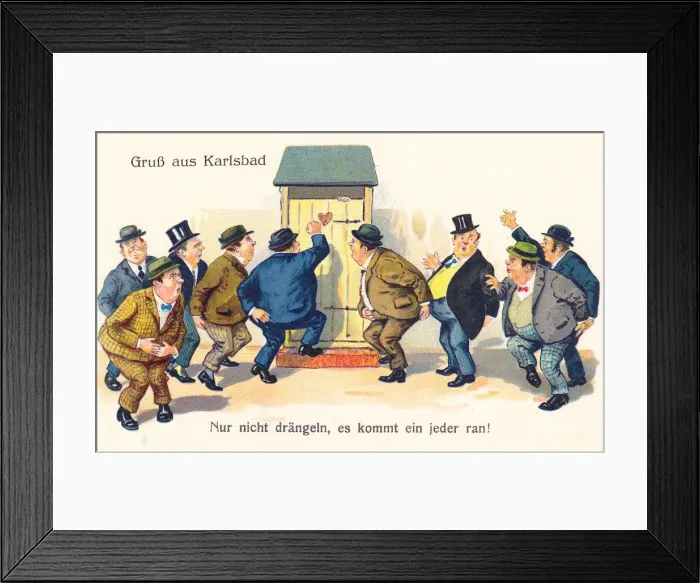 Framed Print : Comic German postcard -- health spa toilet engaged Framed Print : Comic German postcard -- health spa toilet engaged
