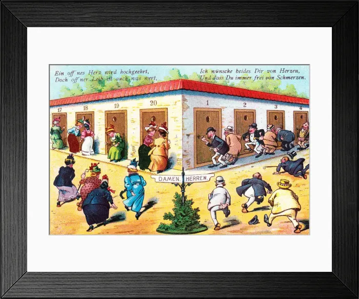 Framed Print : Comic German postcard -- health spa toilets Framed Print : Comic German postcard -- health spa toilets