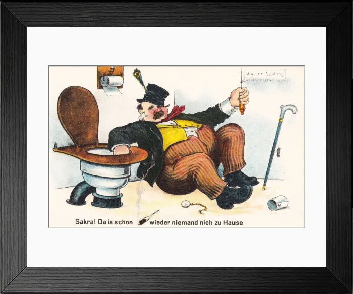 Framed Print : Comic German postcard -- drunkard in the toilet Framed Print : Comic German postcard -- drunkard in the toilet