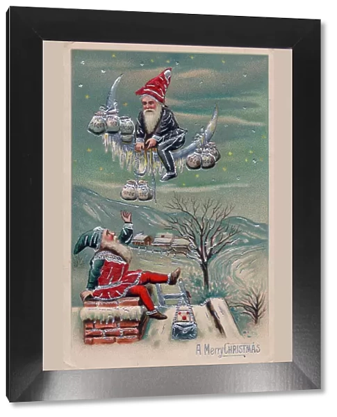 Two elves delivering money on a Christmas postcard