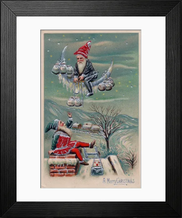 Framed Print : Two elves delivering money on a Christmas postcard Framed Print : Two elves delivering money on a Christmas postcard