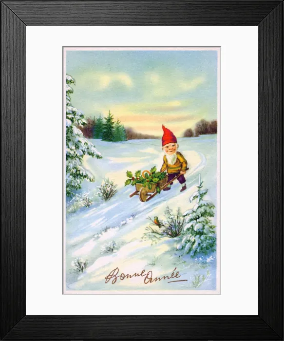 Framed Print : Elf with wheelbarrow on a French New Year postcard Framed Print : Elf with wheelbarrow on a French New Year postcard