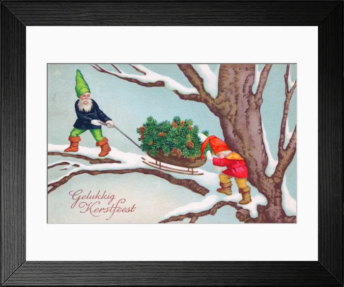 Framed Print : Two elves with pine cones on a Dutch Christmas postcard Framed Print : Two elves with pine cones on a Dutch Christmas postcard