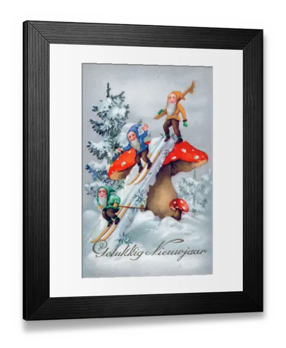 Framed Print : Three elves skiing on a Dutch New Year postcard Framed Print : Three elves skiing on a Dutch New Year postcard