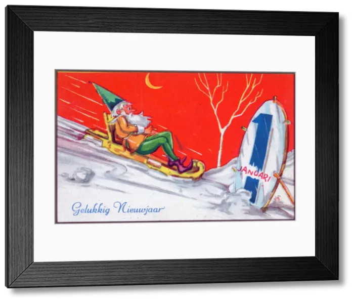 Framed Print : Elf on a sled on a Dutch New Year postcard Framed Print : Elf on a sled on a Dutch New Year postcard