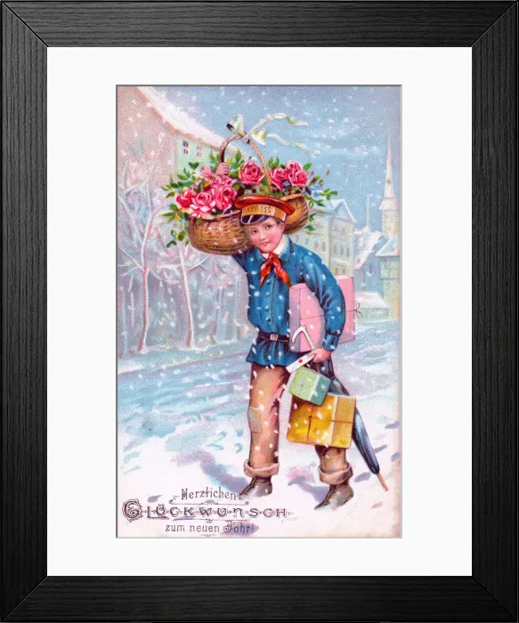 Framed Print : Boy delivering presents on a German New Year postcard Framed Print : Boy delivering presents on a German New Year postcard