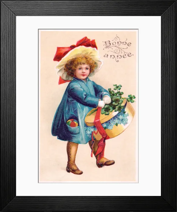 Framed Print : Girl with box of flowers on a French New Year postcard Framed Print : Girl with box of flowers on a French New Year postcard