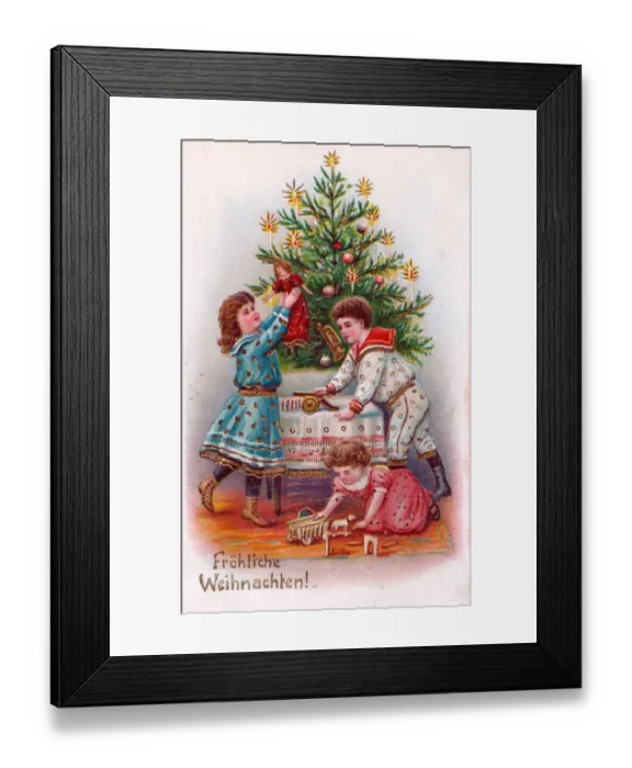Framed Print : Children with tree on a German Christmas postcard Framed Print : Children with tree on a German Christmas postcard