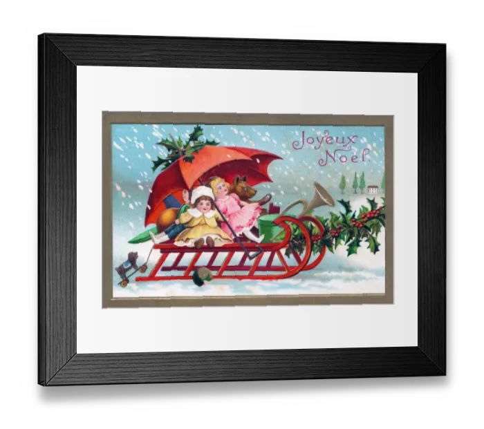 Framed Print : Toys and presents on a sled on a French Christmas postcard Framed Print : Toys and presents on a sled on a French Christmas postcard