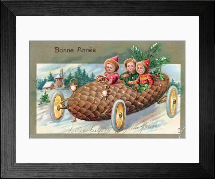 Framed Print : Three children on a French New Year postcard Framed Print : Three children on a French New Year postcard