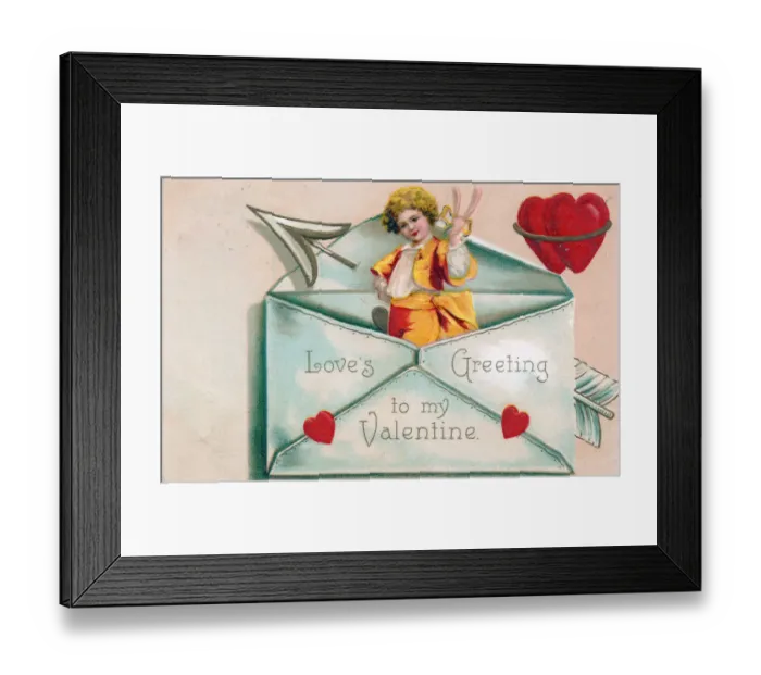 Framed Print : Little boy with hearts in an envelope on a Valentine card Framed Print : Little boy with hearts in an envelope on a Valentine card