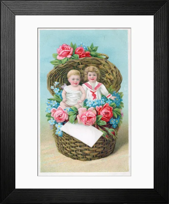 Framed Print : Children in a basket of flowers on a greetings postcard Framed Print : Children in a basket of flowers on a greetings postcard