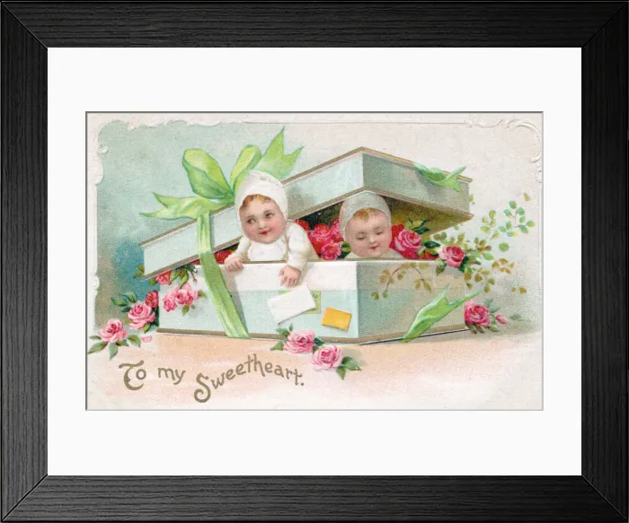 Framed Print : Children and flowers on a Valentine postcard Framed Print : Children and flowers on a Valentine postcard