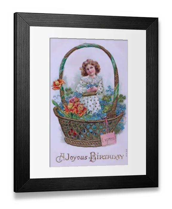 Framed Print : Girl in a basket of flowers on a birthday postcard Framed Print : Girl in a basket of flowers on a birthday postcard