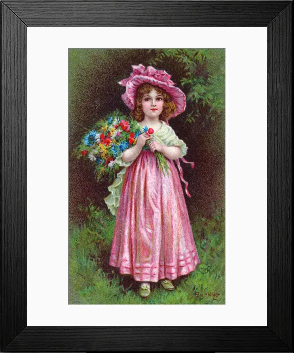 Framed Print : Girl with a bouquet of flowers on a greetings postcard Framed Print : Girl with a bouquet of flowers on a greetings postcard