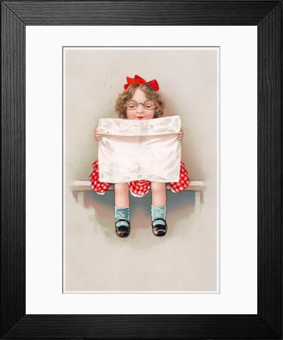 Framed Print : Girl reading a newspaper on a greetings postcard Framed Print : Girl reading a newspaper on a greetings postcard