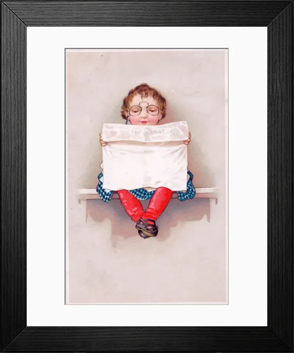 Framed Print : Girl reading a newspaper on a greetings postcard Framed Print : Girl reading a newspaper on a greetings postcard