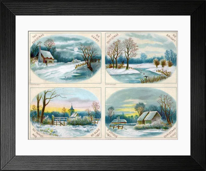Framed Print : Four rural snow scenes on a Christmas postcard Framed Print : Four rural snow scenes on a Christmas postcard