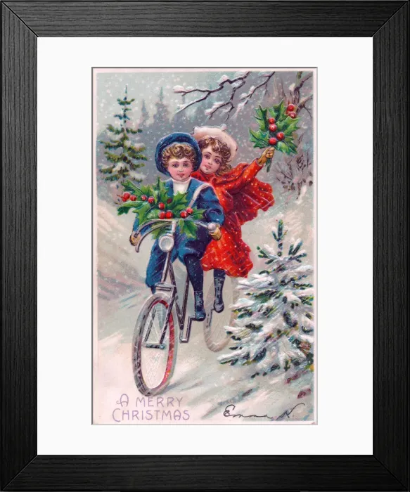 Framed Print : Two children riding a bicycle on a Christmas postcard Framed Print : Two children riding a bicycle on a Christmas postcard