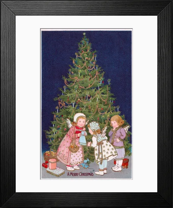 Framed Print : Cherubs with tree and presents on a Christmas postcard Framed Print : Cherubs with tree and presents on a Christmas postcard