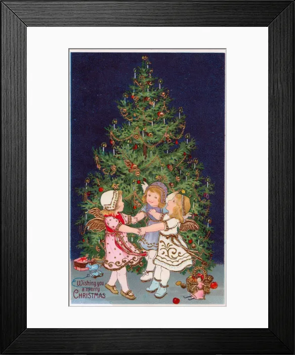 Framed Print : Cherubs with tree and presents on a Christmas postcard Framed Print : Cherubs with tree and presents on a Christmas postcard