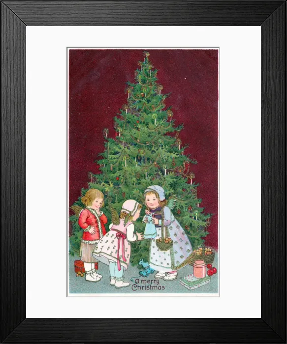 Framed Print : Cherubs with tree and presents on a Christmas postcard Framed Print : Cherubs with tree and presents on a Christmas postcard