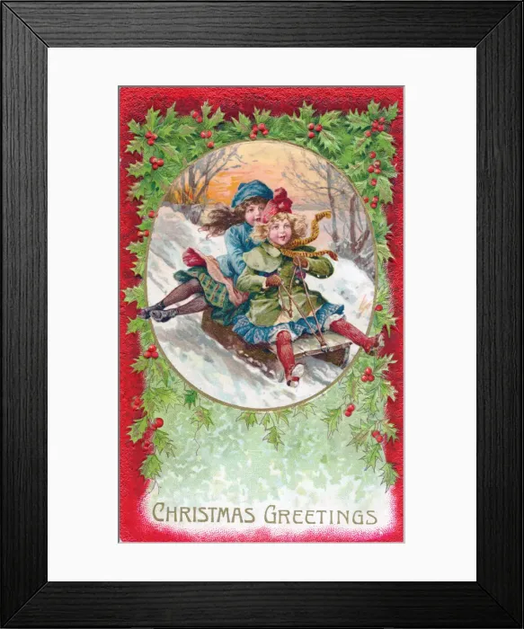 Framed Print : Two girls riding on a sled on a Christmas postcard Framed Print : Two girls riding on a sled on a Christmas postcard