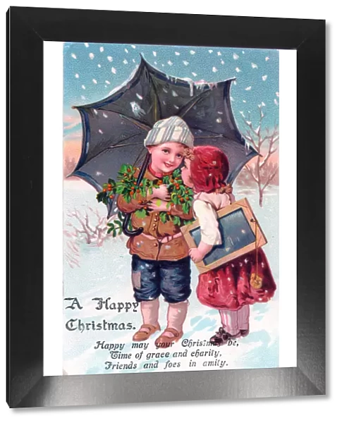 Children in the snow on a Christmas postcard