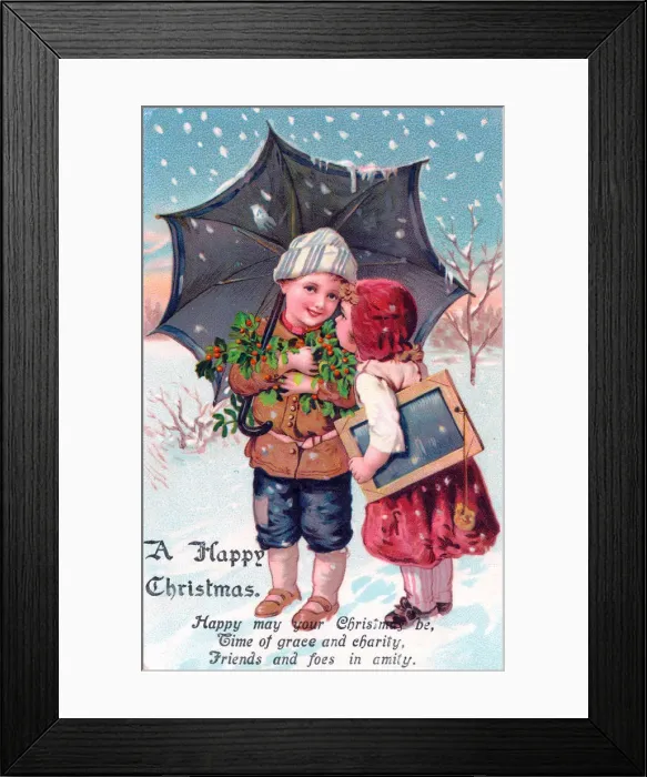 Framed Print : Children in the snow on a Christmas postcard Framed Print : Children in the snow on a Christmas postcard