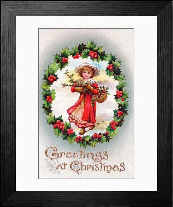 Framed Print : Girl in the snow on a Christmas postcard Framed Print : Girl in the snow on a Christmas postcard