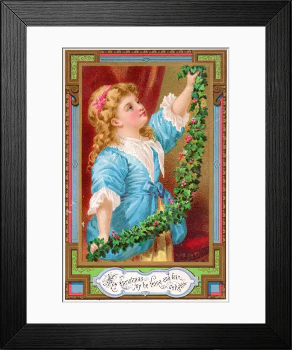 Framed Print : Girl with a garland of holly on a Christmas postcard Framed Print : Girl with a garland of holly on a Christmas postcard