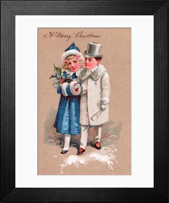 Framed Print : Girl and boy in the snow on a Christmas postcard Framed Print : Girl and boy in the snow on a Christmas postcard