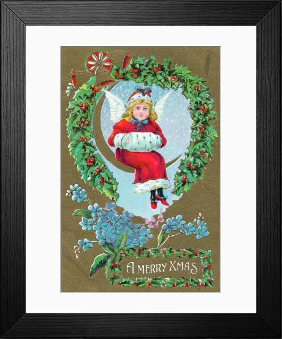Framed Print : Angel with holly on a Christmas postcard Framed Print : Angel with holly on a Christmas postcard