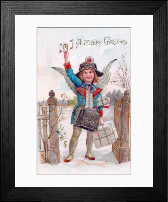 Framed Print : Angel delivering presents on a Christmas postcard Framed Print : Angel delivering presents on a Christmas postcard