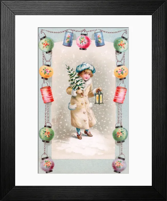 Framed Print : Girl with tree and lantern on a Christmas postcard Framed Print : Girl with tree and lantern on a Christmas postcard