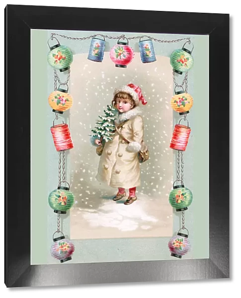Child with tree and bag on a Christmas postcard