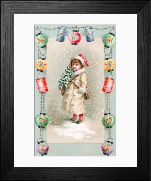 Framed Print : Child with tree and bag on a Christmas postcard Framed Print : Child with tree and bag on a Christmas postcard