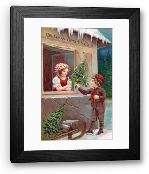 Framed Print : Boy delivering a tree to a girl on a Christmas postcard Framed Print : Boy delivering a tree to a girl on a Christmas postcard