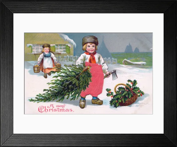 Framed Print : Children with tree and holly on a Christmas postcard Framed Print : Children with tree and holly on a Christmas postcard